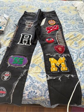 Men's Black Straight Jeans with Patchwork Detail